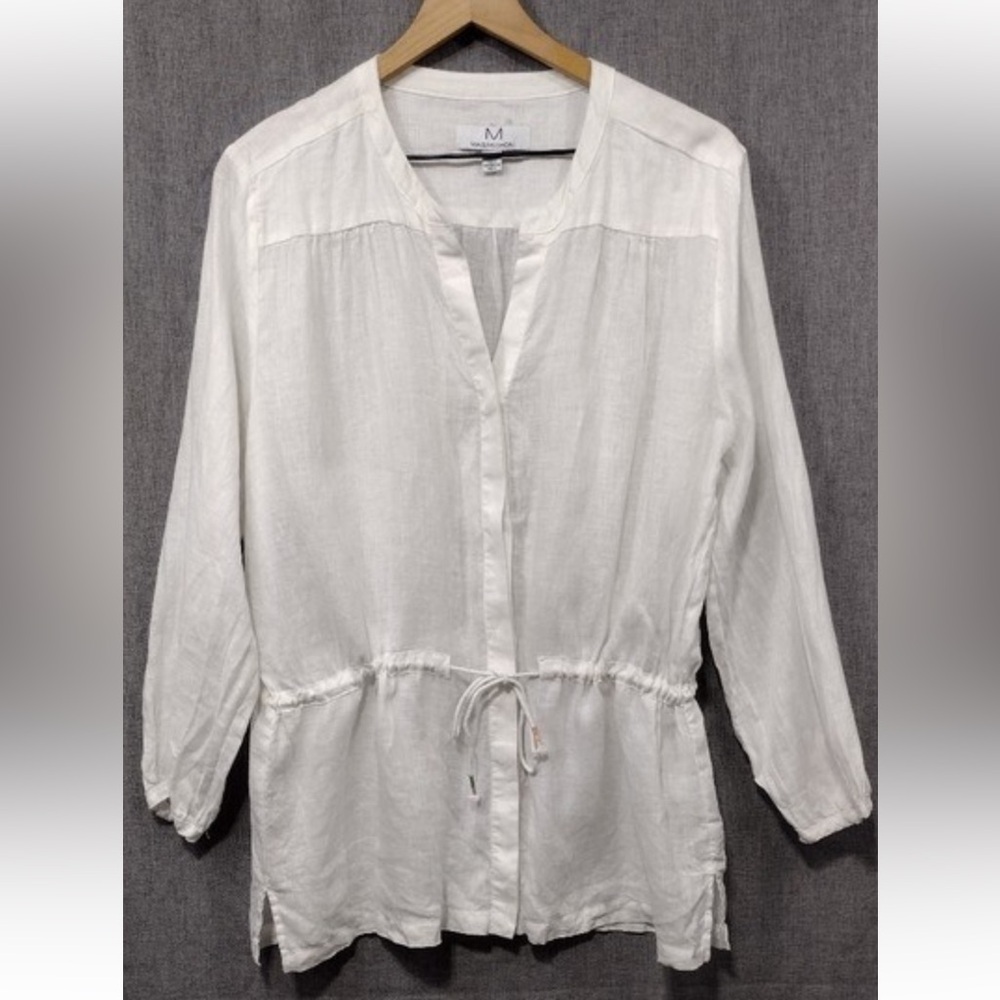 NWOT! MAGASCHONI 100% Linen Drawstring Hidden Buttons Boho Lagenlook Tunic Top M